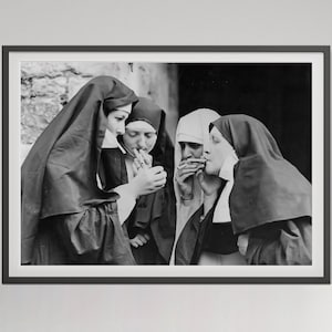Vintage Black And White Nuns Smoking Photo Documentary Wall Art Digital Download