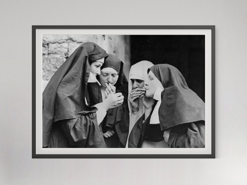 Vintage Black And White Nuns Smoking Photo Documentary Wall Art Digital Download