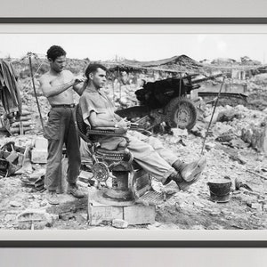 Vintage Barber Shop Poster, Soldier Getting Haircut, Black and White, Vintage Photograph Print, Bathroom Wall Art, Barbershop Decor, 1940s