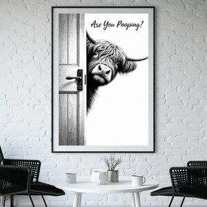 Highland Cow Bathroom Wall Art, Black and White Cow Are You Pooping Poster, Funny Cow Art, Cow Lovers Print, Highland Cow Decor, Download