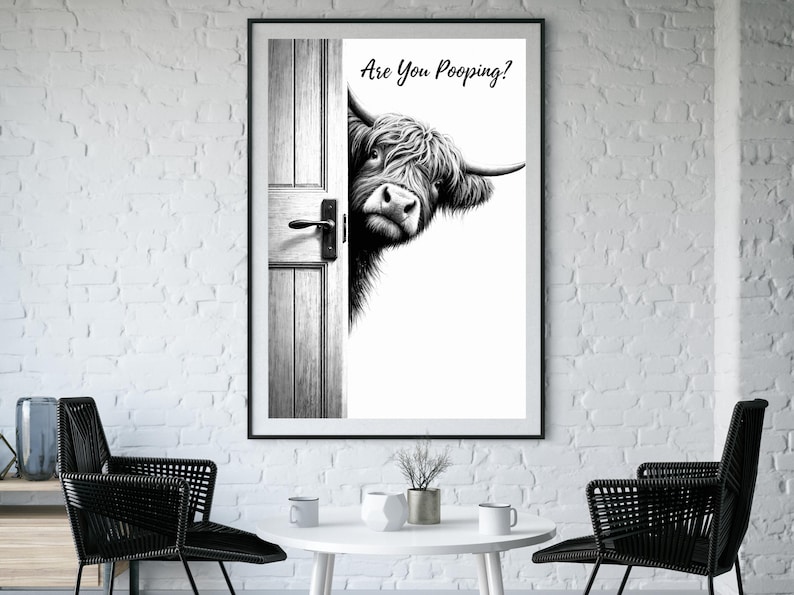 Highland Cow Bathroom Wall Art, Black and White Cow Are You Pooping Poster, Funny Cow Art, Cow Lovers Print, Highland Cow Decor, Download