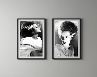May include: Two framed black and white photographic prints featuring the Bride of Frankenstein. The left print shows a profile view, while the right print shows a front-facing view. Both images are encased in thin black frames with white matting.