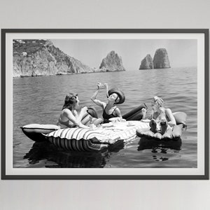 Woman Eating Spaghetti on Lake Print, Black and White, Vintage Photography, Funny Kitchen Wall Art, Dining Room Wall Decor, Digital Download