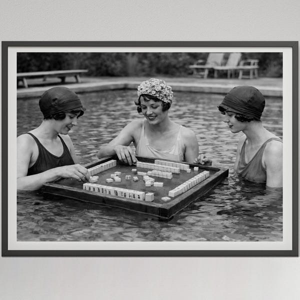 Women Playing Mahjong in Swimming Pool Print: Black and White Vintage Photography (Digital Download)