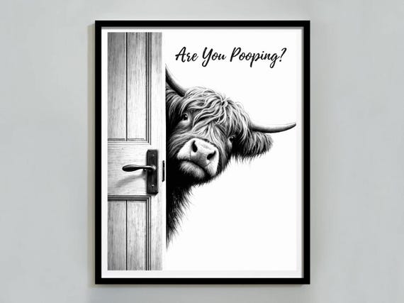Highland Cow Bathroom Wall Art, Black and White Cow Are You Pooping Poster, Funny Cow Art, Cow Lovers Print, Highland Cow Decor, Download