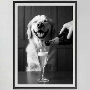 ゴールデンレトリバー犬がシャンパンを飲むプリント、白黒、バーカートのウォールアート、カクテルポスター、パブの装飾、印刷可能、デジタルダウンロード