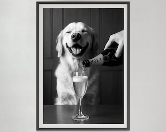 Golden retriever-hond drinken champagne print, zwart-wit, barwagen kunst aan de muur, cocktailposter, pubdecor, afdrukbare, digitale download