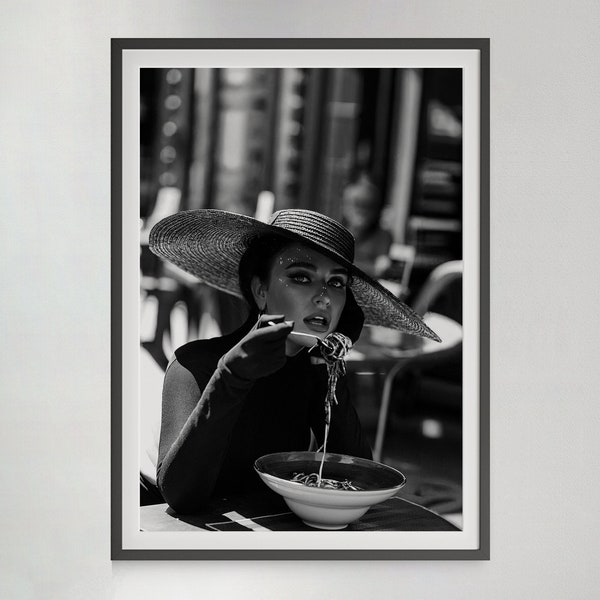 Spaghetti Poster: Women Eating Pasta in Italy, Vintage Black and White Photo (Digital Download)