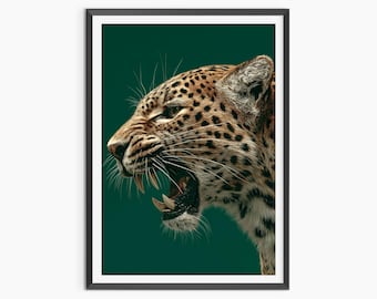 May include: A framed wall art print featuring a side profile of a snarling leopard with its mouth open, revealing sharp teeth. The leopard has a tan coat with black spots and long white whiskers, set against a solid dark green background.