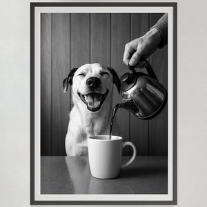 Coffee for Dogs Print, Black and White, Vintage Photography, Funny Kitchen Wall Art, Dining Room Decor, Digital Download, Coffee Bar Decor
