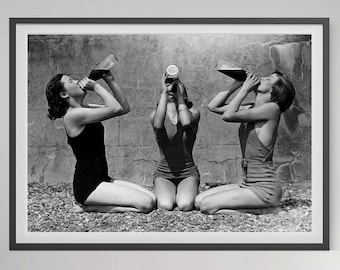 Woman Drinking Wine Print, Bar Cart Poster, Black and White, Vintage Photo, Alcohol Wall Art, Dorm Room Decor, Bar Poster, Digital Download