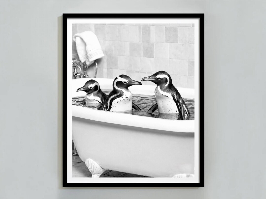 Penguins in Bathtub Print: Funny Black and White Bathroom Art (digital ...