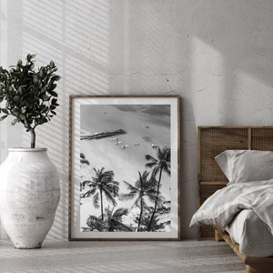 Vintage Surfing Poster Palm Tree Print Black and White Coastal Wall Art California Beach Photography Beachy Room Decor Digital Download