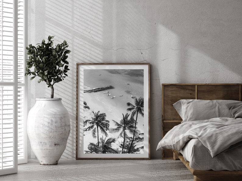 Vintage Surfing Poster Palm Tree Print Black and White Coastal Wall Art California Beach Photography Beachy Room Decor Digital Download
