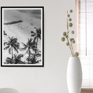 Vintage Surfing Poster Palm Tree Print Black and White Coastal Wall Art California Beach Photography Beachy Room Decor Digital Download