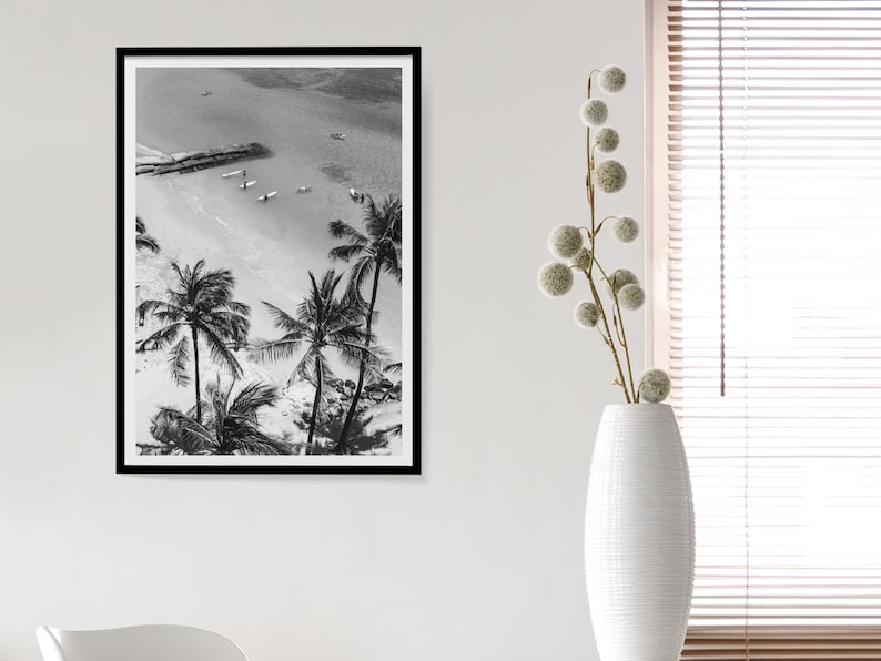 Vintage Surfing Poster Palm Tree Print Black and White Coastal Wall Art California Beach Photography Beachy Room Decor Digital Download