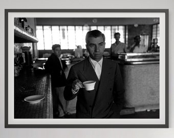 Lucky Luciano Drinking Coffee in Restaurant Poster, Black and White Wall Art, Vintage Photography Print, Gangster Poster, Coffee Shop Decor