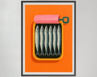 Stampa di sardine in scatola: arte murale retrò per la cucina (download digitale)