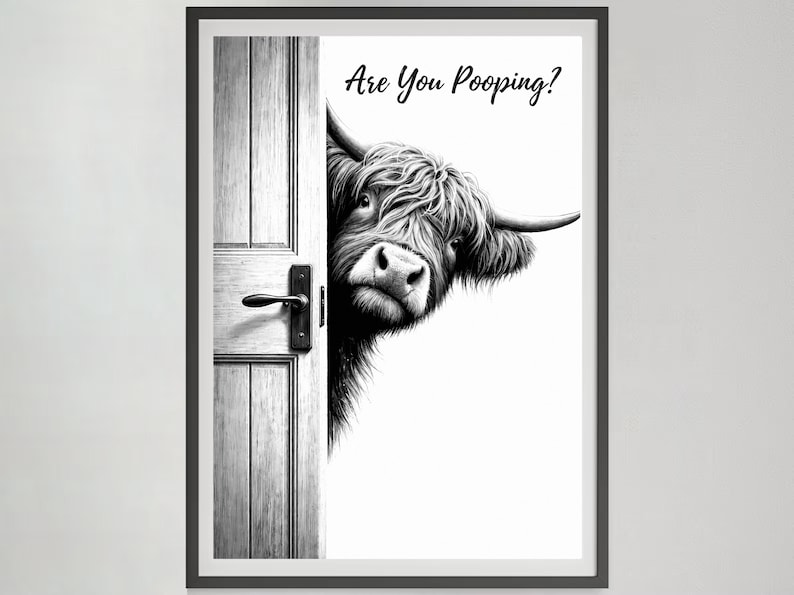 Highland Cow Bathroom Wall Art, Black and White Cow Are You Pooping Poster, Funny Cow Art, Cow Lovers Print, Highland Cow Decor, Download