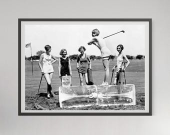 Funny Vintage Golf Photo Print: Women Playing on Ice (Digital Download)