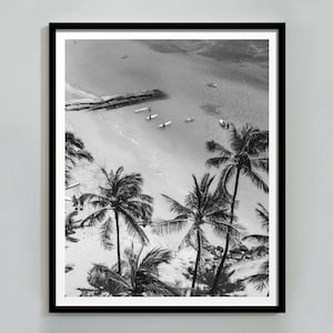Vintage Surfing Poster Palm Tree Print Black and White Coastal Wall Art California Beach Photography Beachy Room Decor Digital Download