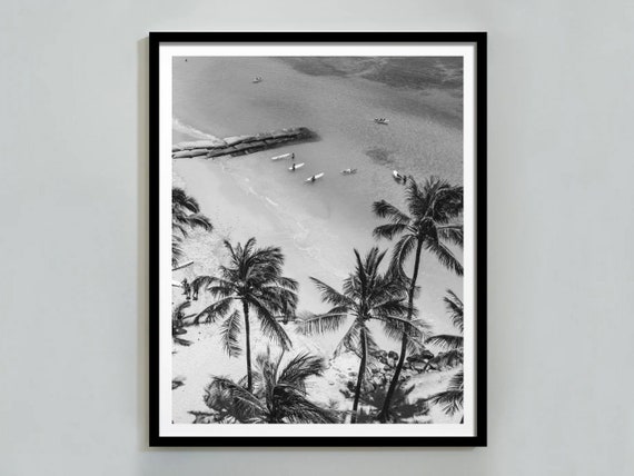 Vintage Surfing Poster: Black and White Palm Tree Beach Print (Digital Download)