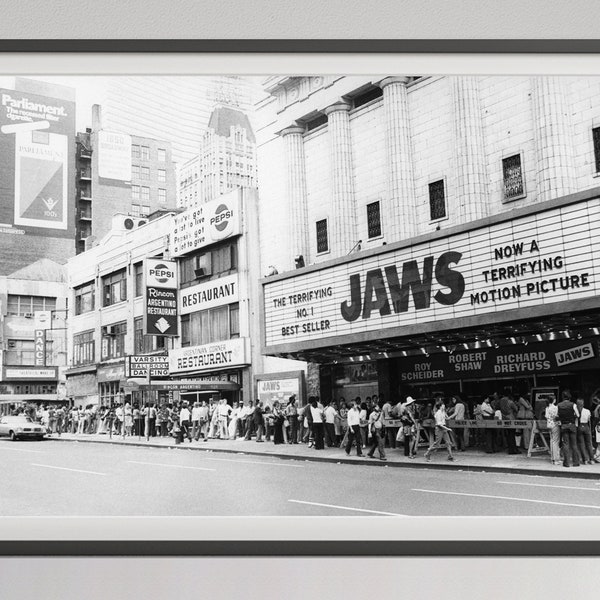 Jaws Opening Day in New York Print, Black and White, Vintage Photography, Retro Wall Art, Horror Movie Poster, 1970s Decor, Digital Download