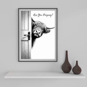 Highland Cow Bathroom Wall Art, Black and White Cow Are You Pooping Poster, Funny Cow Art, Cow Lovers Print, Highland Cow Decor, Download