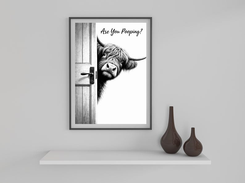 Highland Cow Bathroom Wall Art, Black and White Cow Are You Pooping Poster, Funny Cow Art, Cow Lovers Print, Highland Cow Decor, Download
