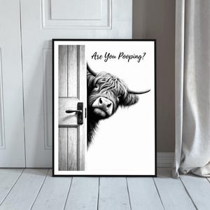 Highland Cow Bathroom Wall Art, Black and White Cow Are You Pooping Poster, Funny Cow Art, Cow Lovers Print, Highland Cow Decor, Download