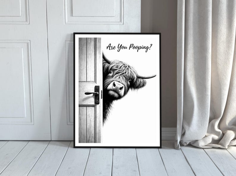 Highland Cow Bathroom Wall Art, Black and White Cow Are You Pooping Poster, Funny Cow Art, Cow Lovers Print, Highland Cow Decor, Download