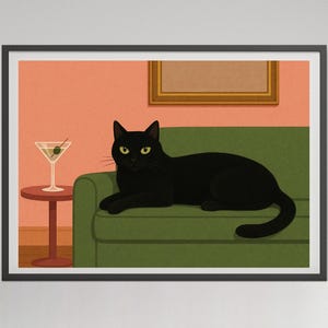マティーニを持つ黒猫のアートプリント、ミッドセンチュリーモダン絵画、レトロなバーカートの壁アート、カクテルポスター、イギリスのパブの装飾、デジタルダウンロード