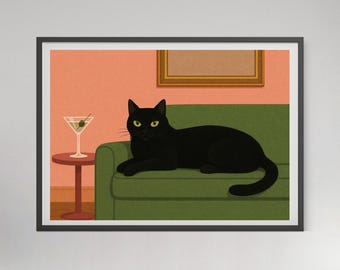 Black Cat Martini Art Print: Mid-Century Modern Cocktail Poster (Digital Download)