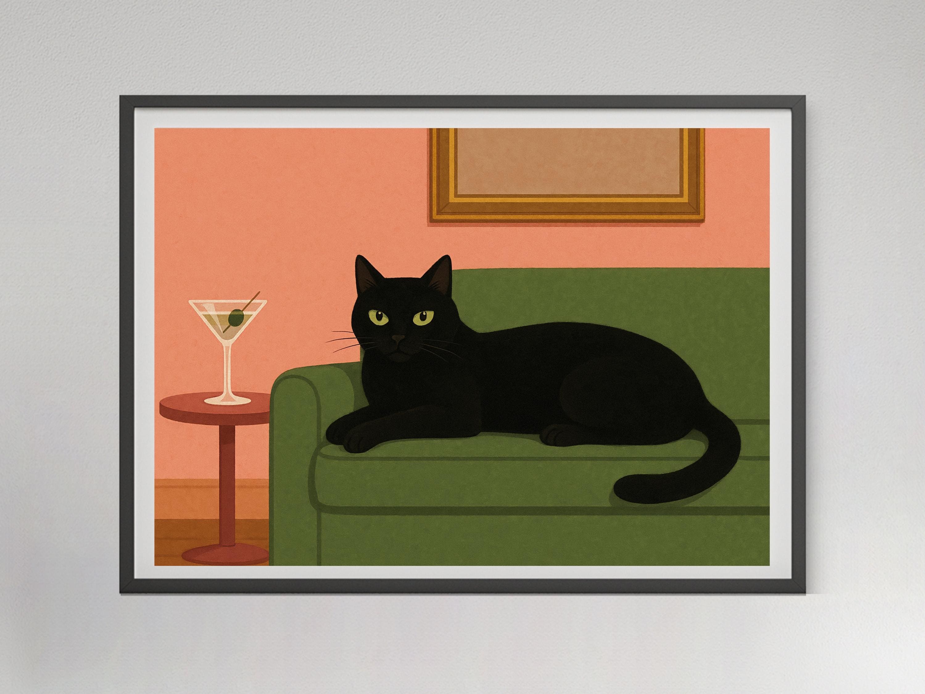 Black Cat Martini Art Print: Mid-century Modern Cocktail Poster ...