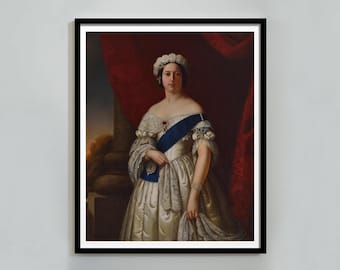 May include: Framed portrait of a woman in a white gown with lace sleeves and a blue sash. She wears a jeweled crown and holds a small object. The background features a red curtain and a column.