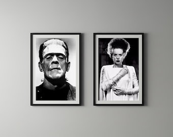 May include: Two black and white framed prints. The left print shows a close-up portrait of a man with a flat-top hairstyle and neck bolts. The right print shows a portrait of a person with a tall, dark, bouffant hairstyle wearing a white gown.