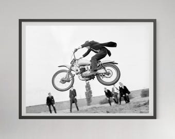 Vintage Motorcycle Stunt Poster: Black and White Printable Biker Wall Art (Digital Download)