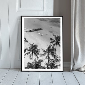Vintage Surfing Poster Palm Tree Print Black and White Coastal Wall Art California Beach Photography Beachy Room Decor Digital Download