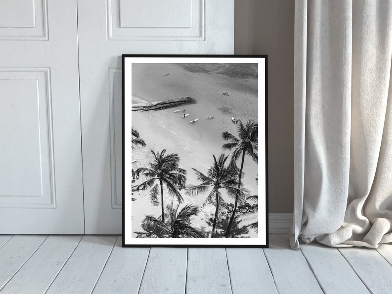 Vintage Surfing Poster Palm Tree Print Black and White Coastal Wall Art California Beach Photography Beachy Room Decor Digital Download