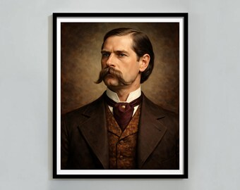 May include: A framed portrait of a man with a large mustache, wearing a brown suit, vest, and a burgundy ascot. The portrait has a vintage aesthetic, with a dark background and a black frame. The man is looking off to the side.