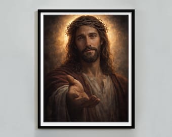 May include: Framed portrait of a man with long brown hair, a beard, and a crown of thorns. He is wearing a white and brown robe, with his right hand extended. The background is a warm, golden light.