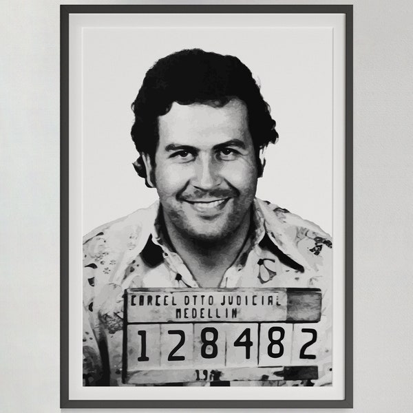 Pablo Escobar Mugshot Poster, Black and White, Vintage Print, Celebrity Mugshot, Pablo Escobar Print, Wall Art, Canvas, Narcos, Wall Decor