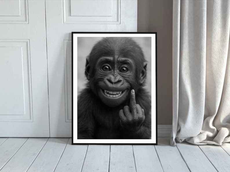 Funny Baby Chimpanzee Middle Finger Print: Quirky Black and White Photo ...