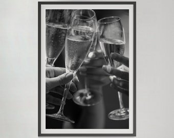 Champagne Cheers Print, Black and White, Vintage Bar Poster, Digital Download, Cocktail Wall Art, Bar Cart Print, Alcohol Poster, Wall Decor