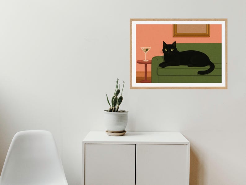 Black Cat Martini Art Print: Mid-century Modern Cocktail Poster ...
