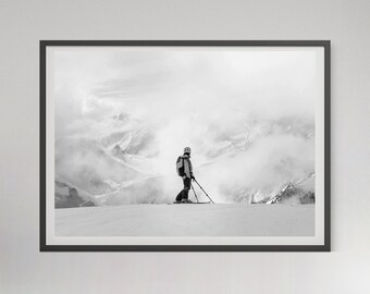 Vintage Ski on Mountain Poster, Black and White Printable Winter Wall Art (Digital Download)