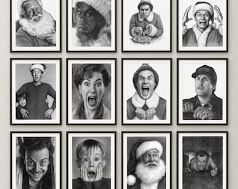May include: A collection of twelve black and white charcoal-style portrait prints featuring iconic characters from holiday films. The grid displays various figures including Santa Claus, a green creature, and actors from classic Christmas movies.
