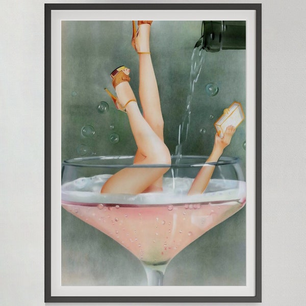 Woman in Champagne Glass Poster, Bar Cart Print, Funky Wall Art, Cocktail Print, Girly Dorm Room Decor, Vintage Bar Poster, Digital Download