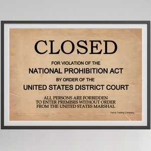 Closed National Prohibition Act Sign Print, Bar Cart Poster, Vintage Photo, Printable Retro Wall Art, English Pub Decor, Digital Download