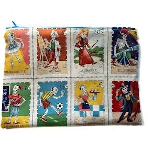 Spanish Loteria Skeleton Mexican Pouch - Dia de los Muertos - Zipper Bag - Cosmetic Bag - Pencil Bag